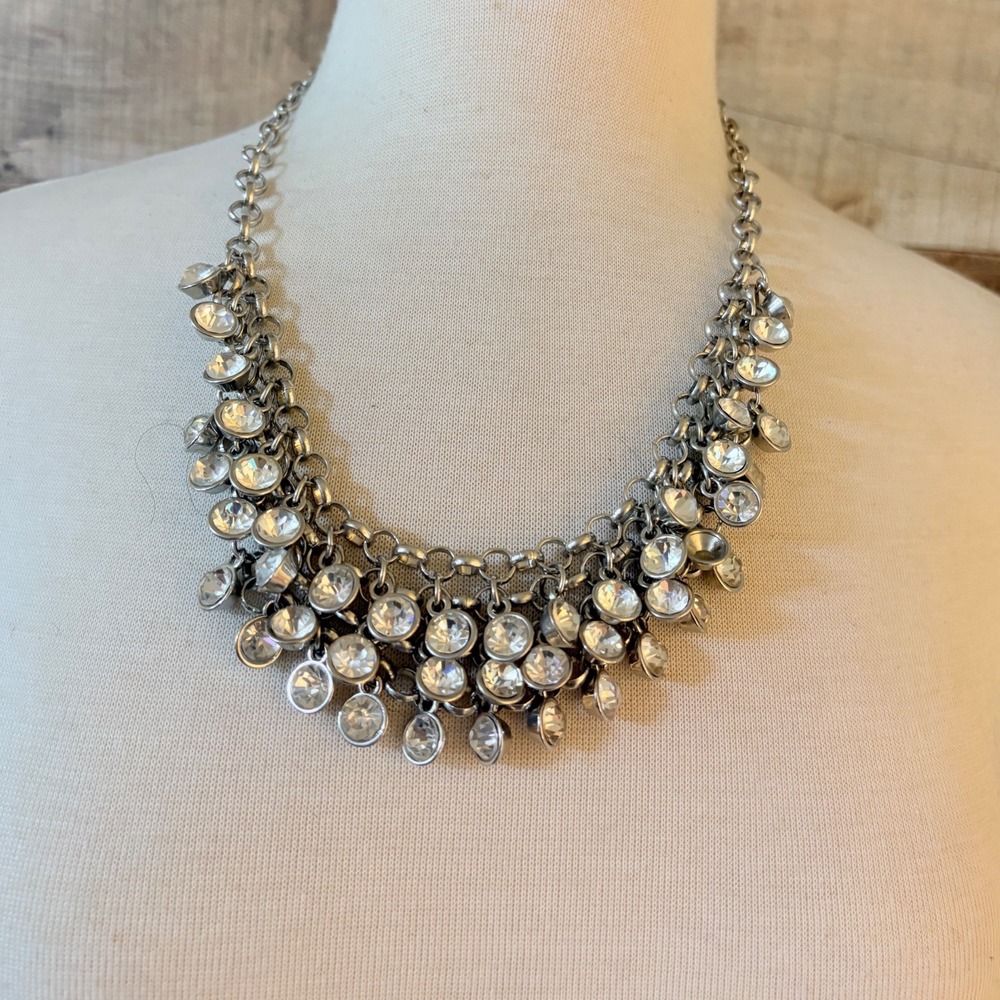 Silver‎ Tone Crystal Bib Statement Necklace Clear Rhinestone Tiered
